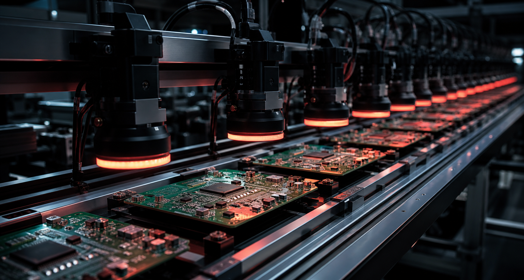 Machine vision cameras inspecting circuit boards at high speed