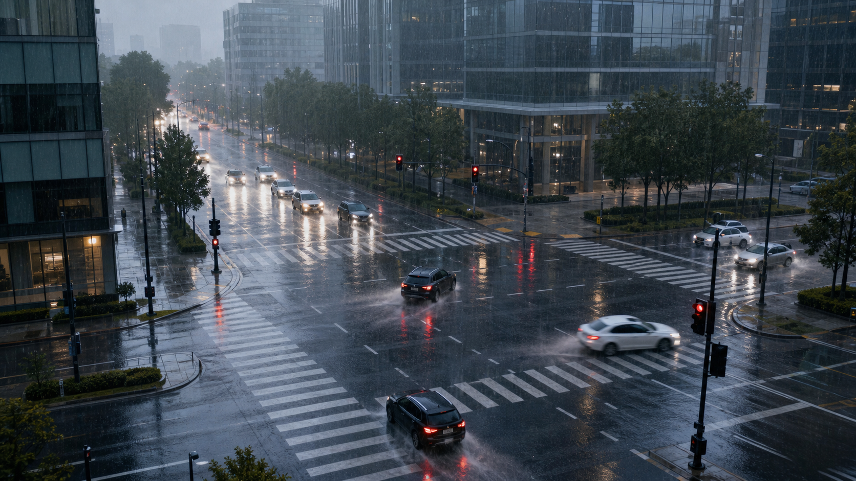 Urban intersection during heavy rain