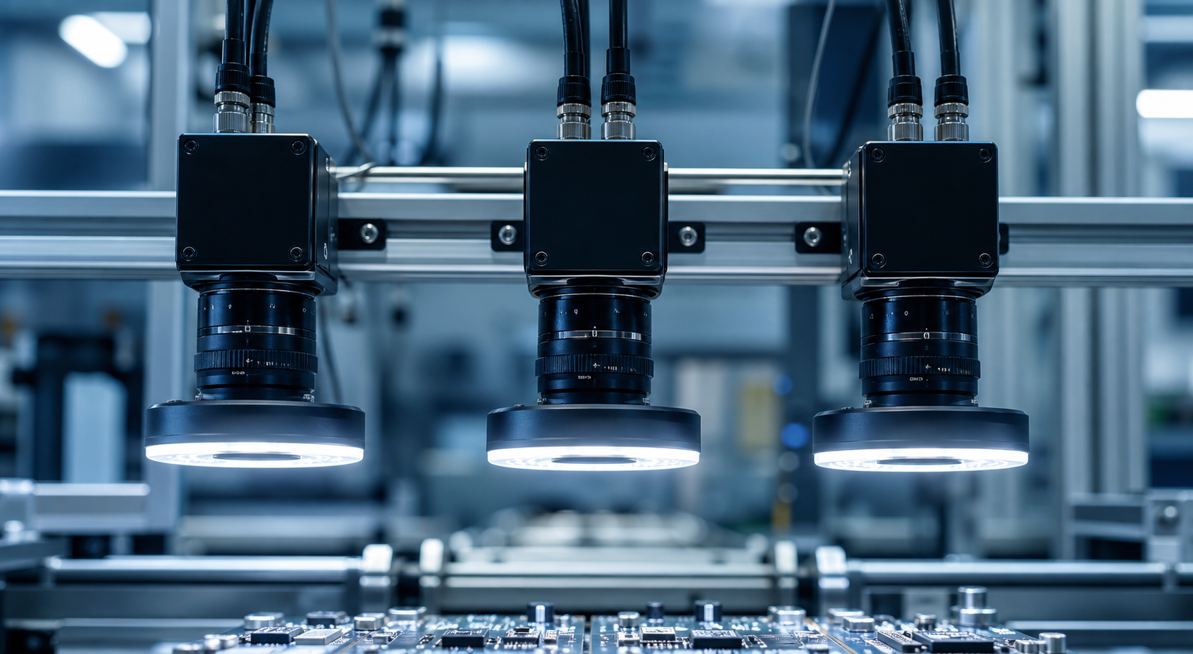 Multiple machine vision cameras above an inspection line