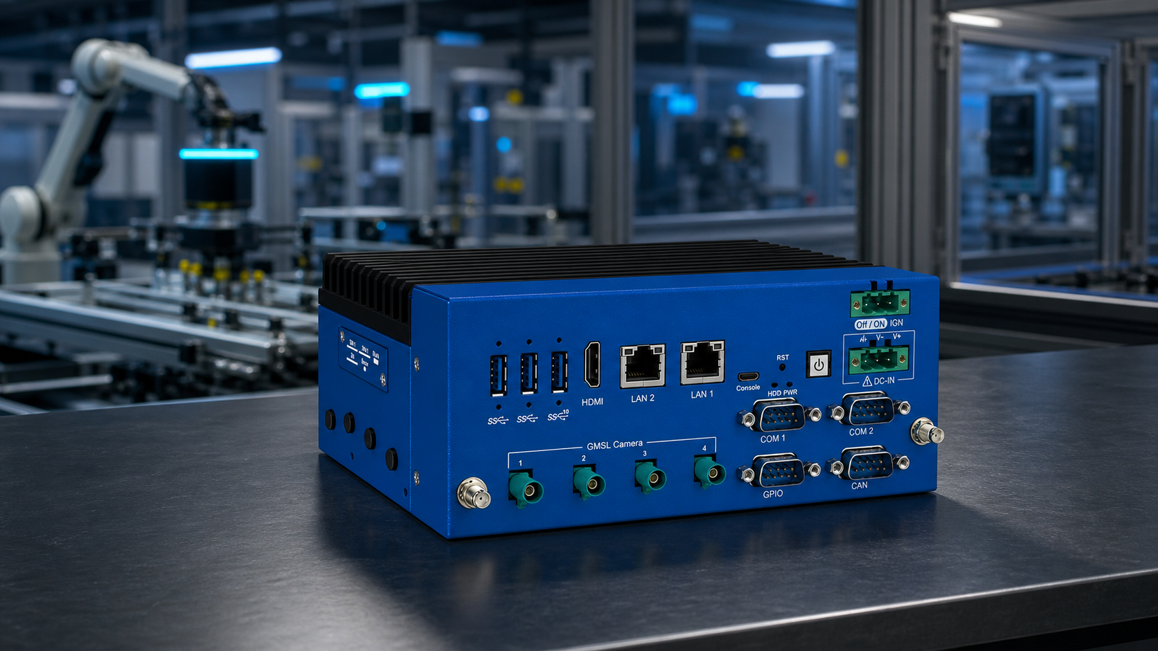 Blue rugged industrial computer on a smart factory workbench